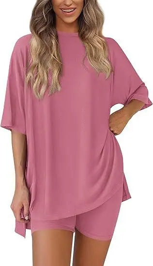 2025 Spring Summer Set Loose Fashion Solid Color Casual Loose Short Sleeve Shorts Set With Pocket Two Piece Suit Pijama Mujer