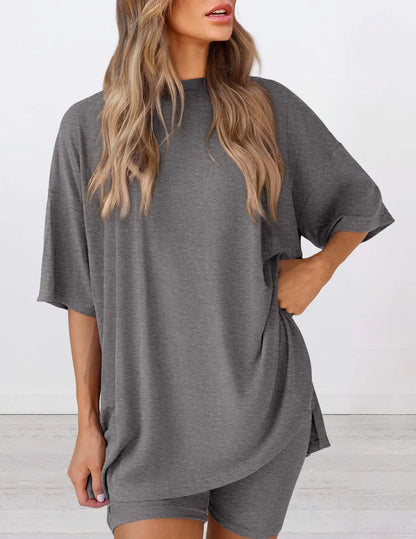 2025 Spring Summer Set Loose Fashion Solid Color Casual Loose Short Sleeve Shorts Set With Pocket Two Piece Suit Pijama Mujer