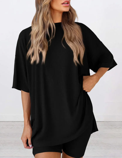2025 Spring Summer Set Loose Fashion Solid Color Casual Loose Short Sleeve Shorts Set With Pocket Two Piece Suit Pijama Mujer